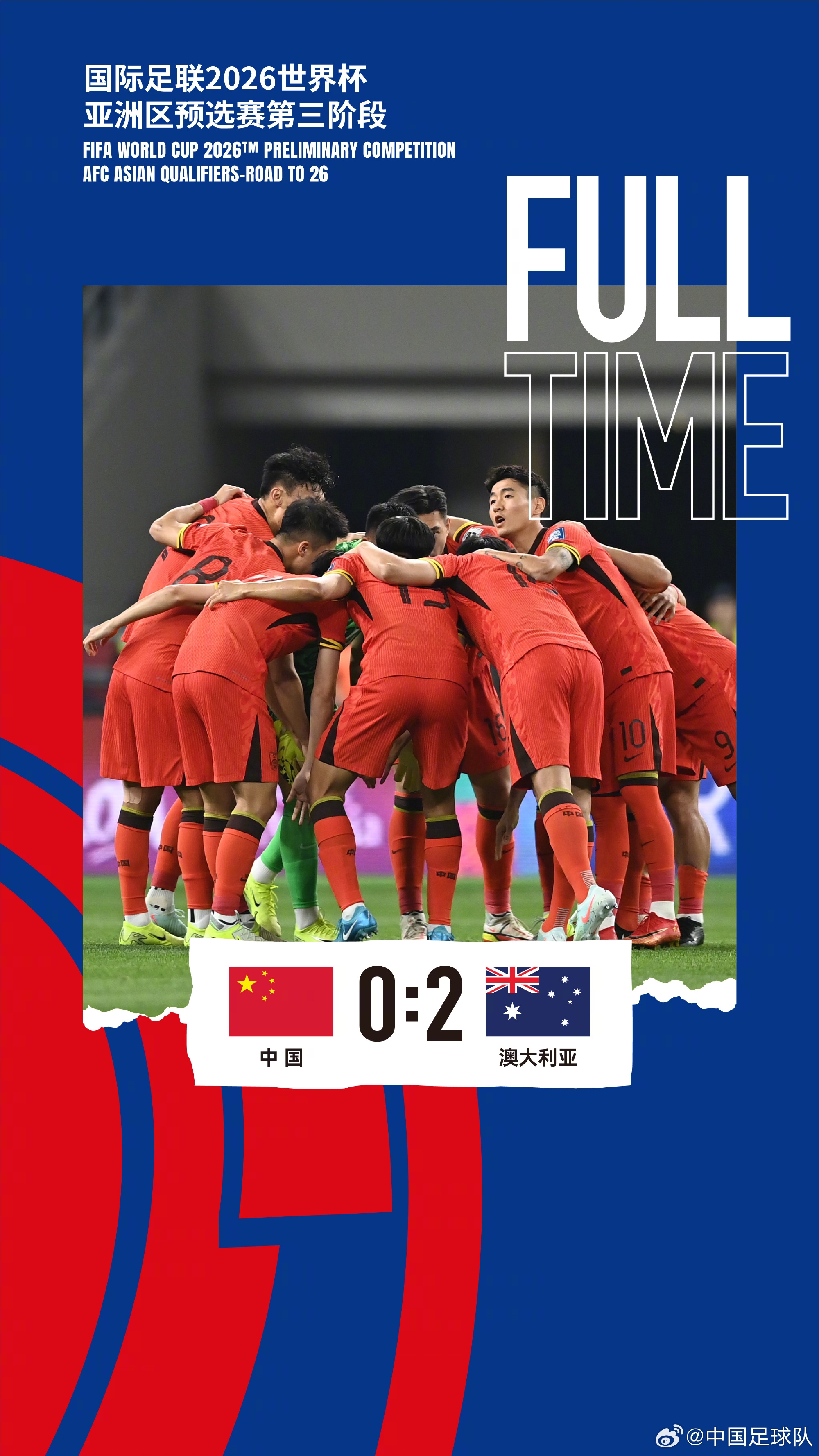 美加墨世界杯亞洲區(qū)預(yù)選賽第三階段第八輪，中國隊0-2澳大利亞隊