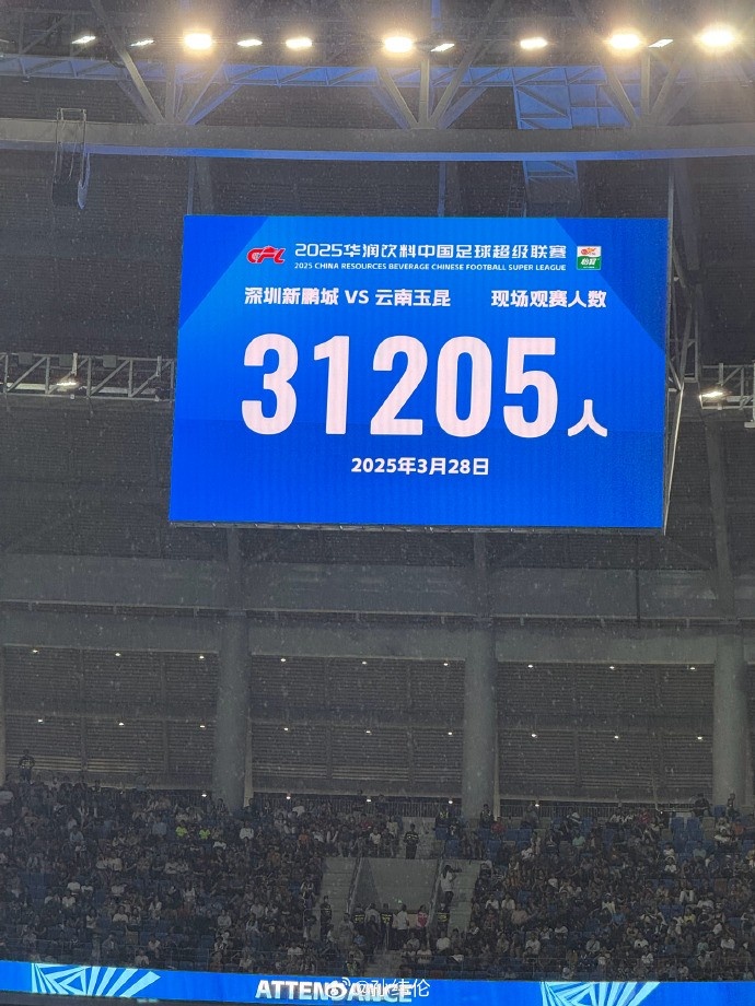 新鵬城新賽季首個主場現(xiàn)場觀眾31205人，為隊(duì)史最高上座人數(shù)
