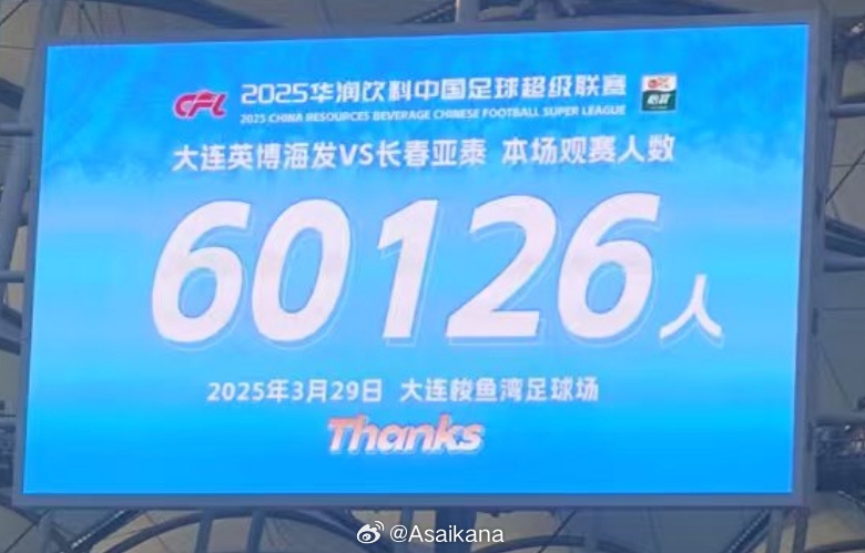 大連英博和長(zhǎng)春亞泰吸引60126名觀眾現(xiàn)場(chǎng)觀戰(zhàn)，中超歷史排名第二