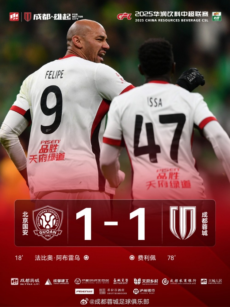 今晚成都蓉城遠(yuǎn)征北京工體對陣北京國安，最終1-1戰(zhàn)平對手